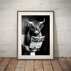 Canvas Funny Highland Cow Newspaper Toilet Print Gift Wall Art Decor