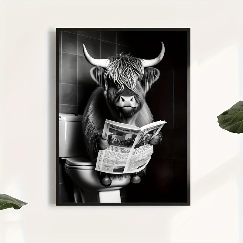 Canvas Funny Highland Cow Newspaper Toilet Print Gift Wall Art Decor