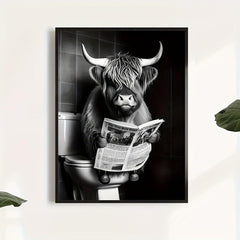 Canvas Funny Highland Cow Newspaper Toilet Print Gift Wall Art Decor
