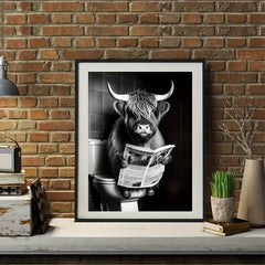 Canvas Funny Highland Cow Newspaper Toilet Print Gift Wall Art Decor