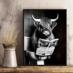 Canvas Funny Highland Cow Newspaper Toilet Print Gift Wall Art Decor