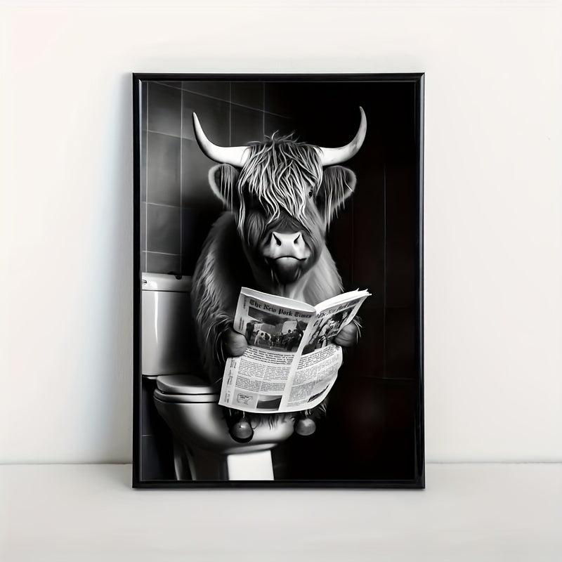 Canvas Funny Highland Cow Newspaper Toilet Print Gift Wall Art Decor