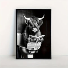 Canvas Funny Highland Cow Newspaper Toilet Print Gift Wall Art Decor