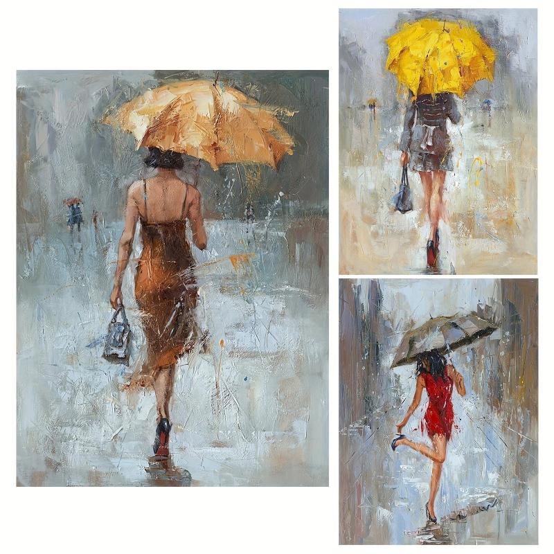 Large Abstract Painting of Girl with Yellow Umbrella - Office/Home Decor Art