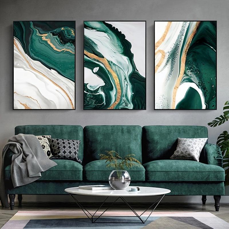 3pcs Green Marble Canvas Painting Wall Art Modern Abstract Poster