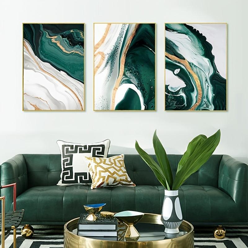 3pcs Green Marble Canvas Painting Wall Art Modern Abstract Poster
