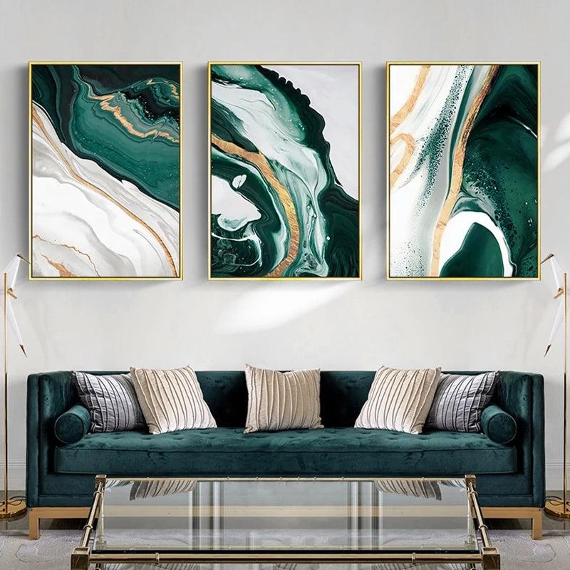 3pcs Green Marble Canvas Painting Wall Art Modern Abstract Poster