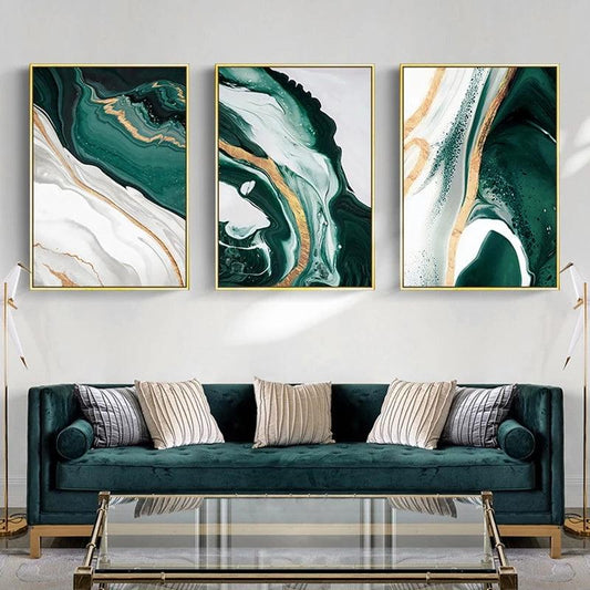 3pcs Green Marble Canvas Painting Wall Art Modern Abstract Poster