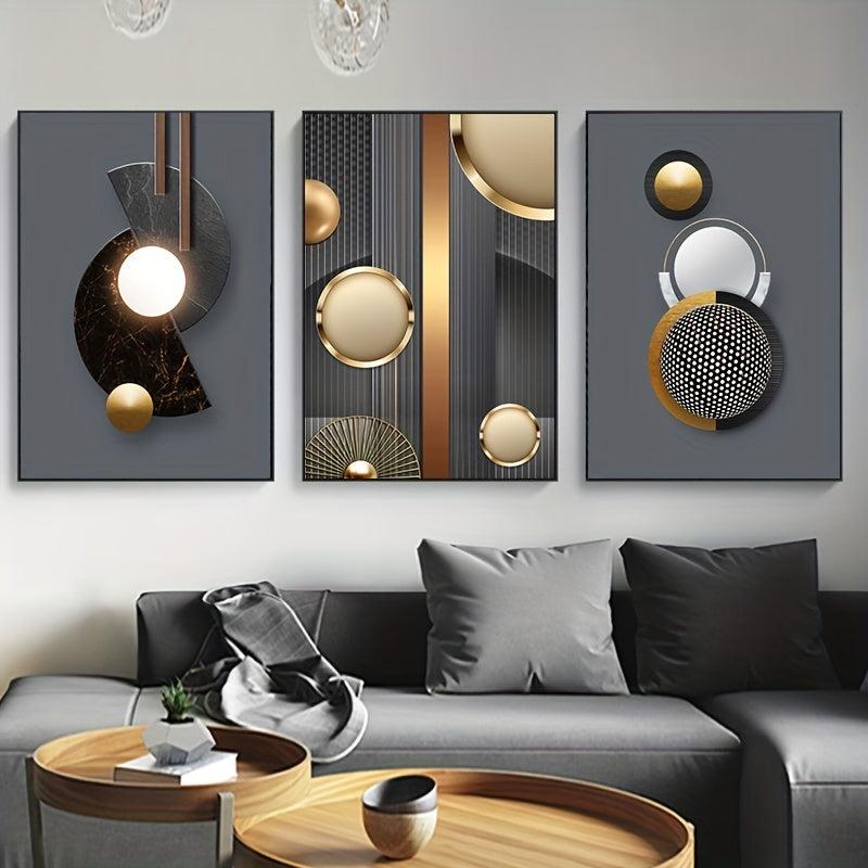 3pcs Abstract Geometry Canvas Paintings Golden Circle Wall Art