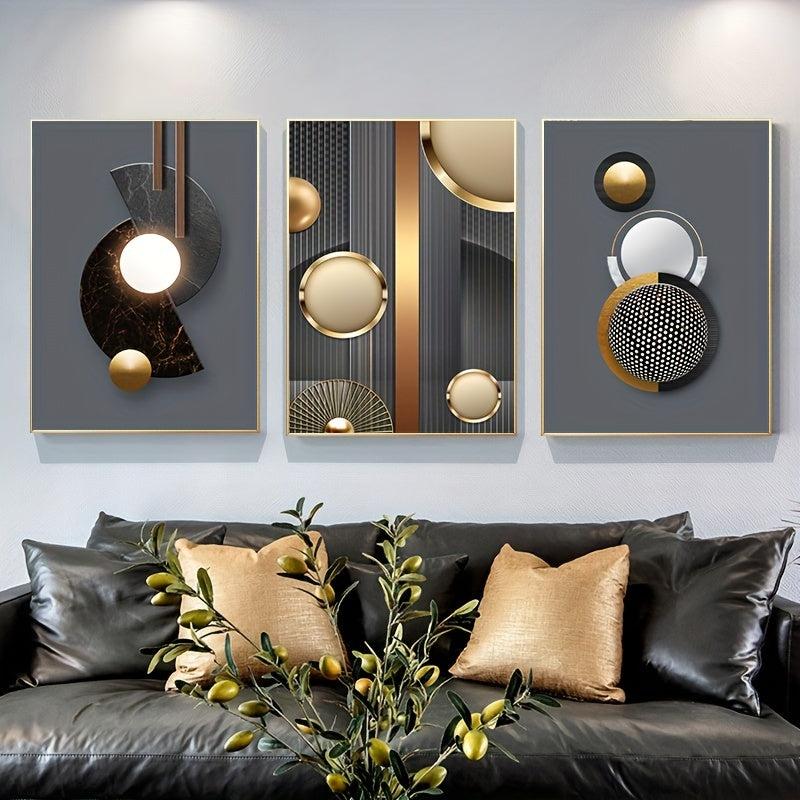 3pcs Abstract Geometry Canvas Paintings Golden Circle Wall Art