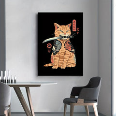 Canvas Print Cat Samurai Style Home Decoration Painting Artwork