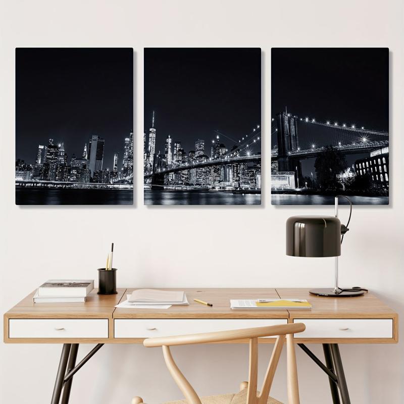 3pcs Modern Style Painting City Night View Framed Artistic Canvas Printing