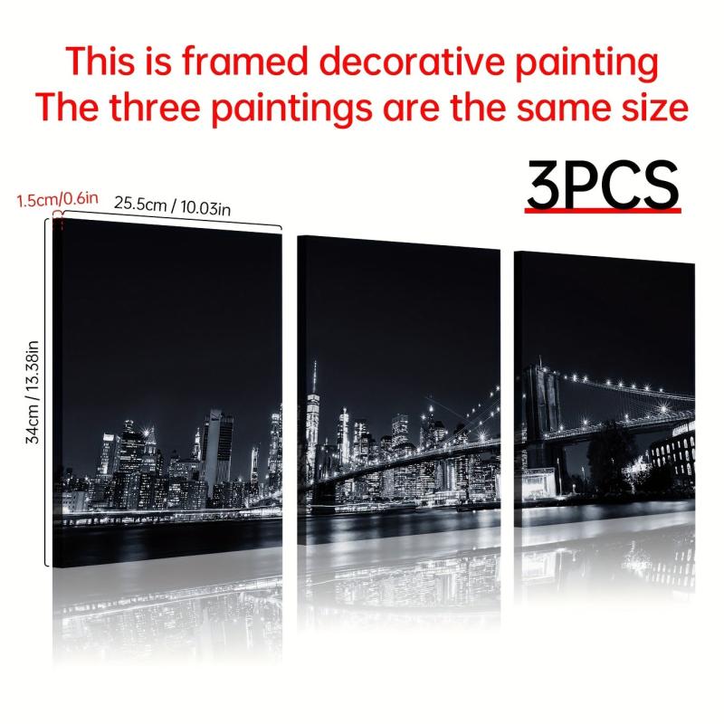 3pcs Modern Style Painting City Night View Framed Artistic Canvas Printing