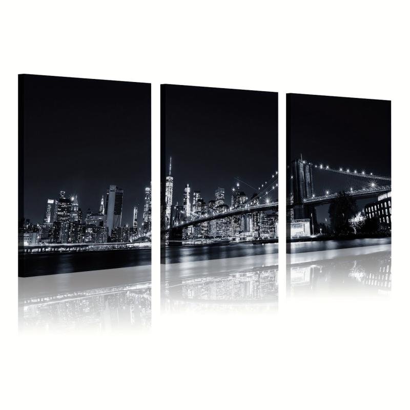 3pcs Modern Style Painting City Night View Framed Artistic Canvas Printing