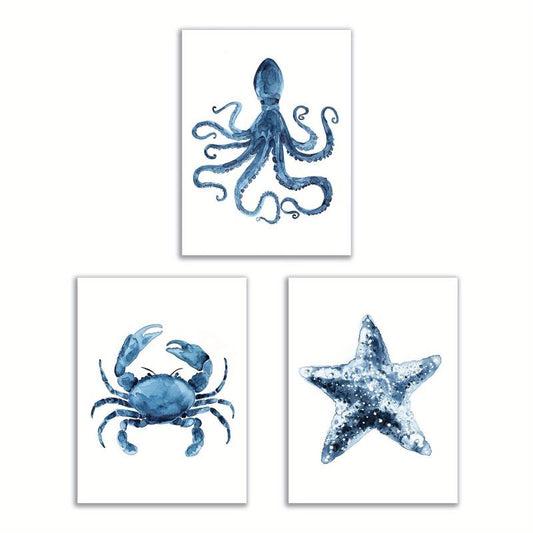 3pcs Watercolor Starfish Octopus Wall Art Nautical Decor For Home Decor