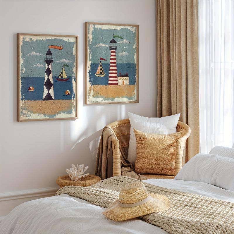 2pcs Seaside Painting Set with Lighthouse Boat and Sea View - Modern Wall Art