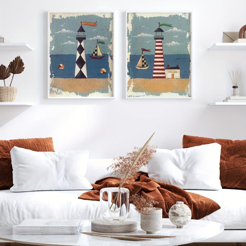 2pcs Seaside Painting Set with Lighthouse Boat and Sea View - Modern Wall Art