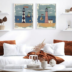2pcs Seaside Painting Set with Lighthouse Boat and Sea View - Modern Wall Art