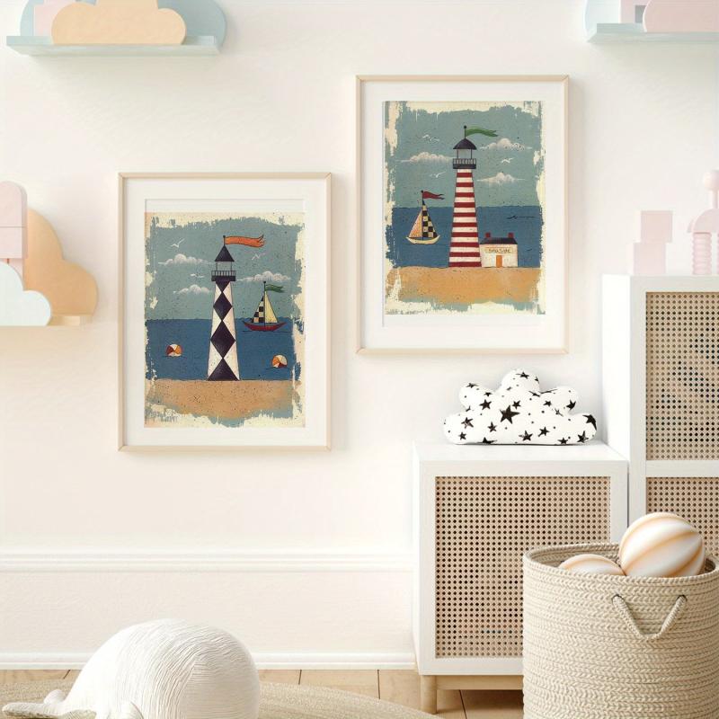 2pcs Seaside Painting Set with Lighthouse Boat and Sea View - Modern Wall Art