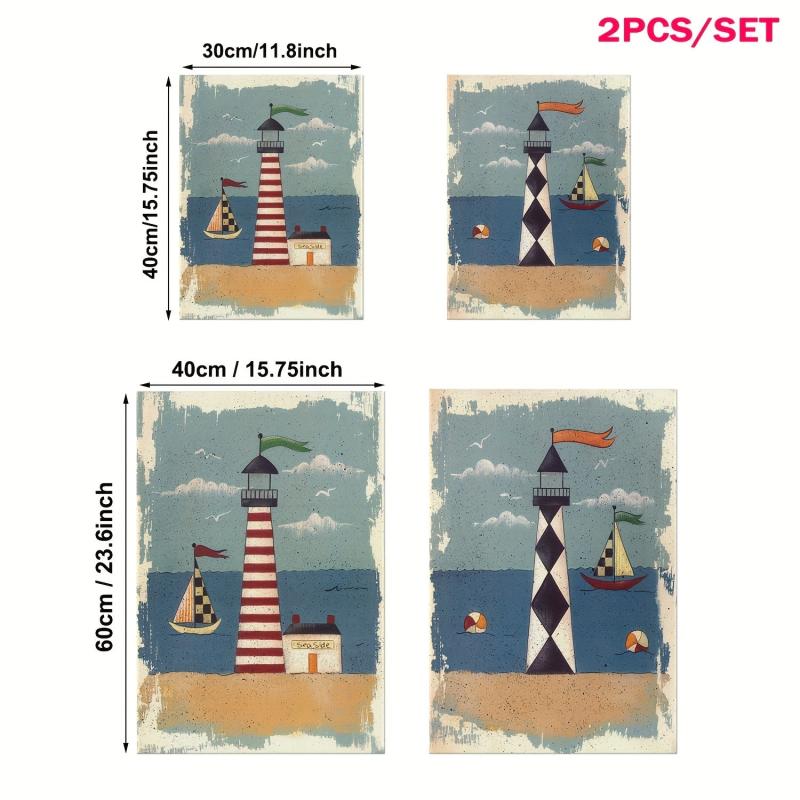 2pcs Seaside Painting Set with Lighthouse Boat and Sea View - Modern Wall Art