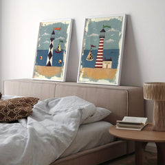 2pcs Seaside Painting Set with Lighthouse Boat and Sea View - Modern Wall Art