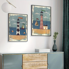 2pcs Seaside Painting Set with Lighthouse Boat and Sea View - Modern Wall Art