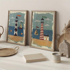 2pcs Seaside Painting Set with Lighthouse Boat and Sea View - Modern Wall Art