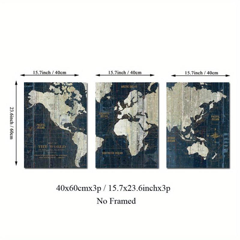 3pcs Retro Middle Ages World Map Poster Nautical Chart Wall Art