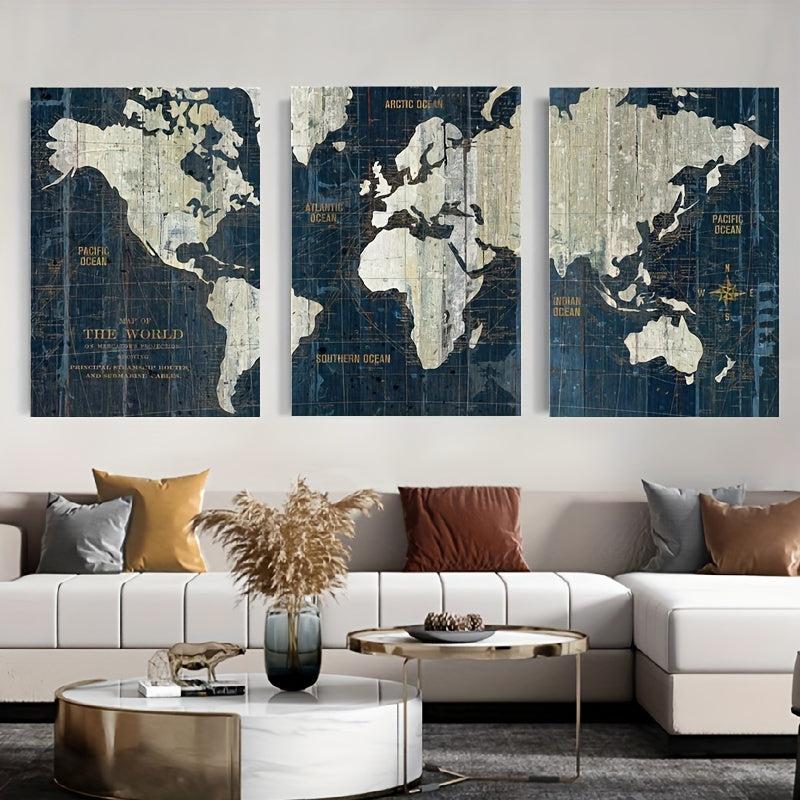 3pcs Retro Middle Ages World Map Poster Nautical Chart Wall Art