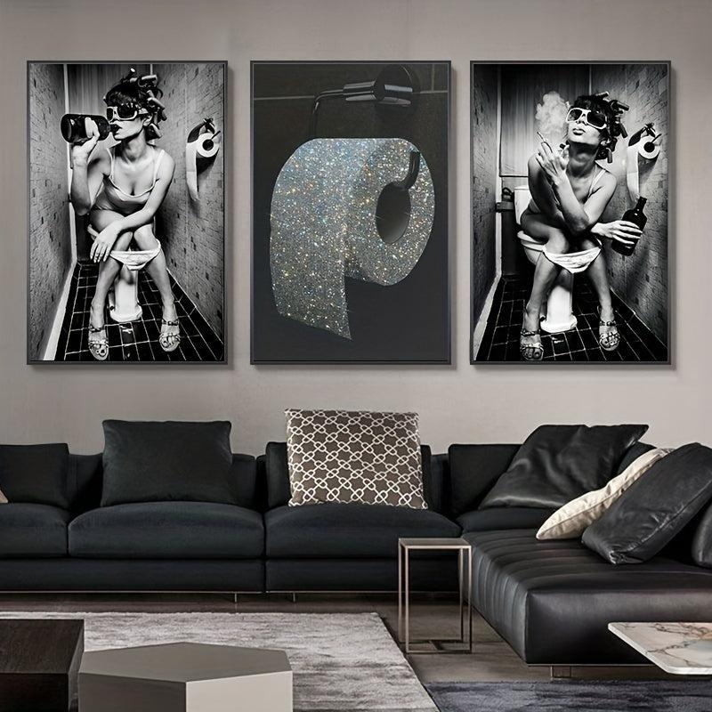 3pcs Bathroom Canvas Painting Woman Toilet Paper Poster Modern Wall Art