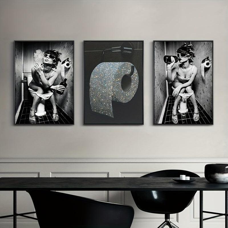 3pcs Bathroom Canvas Painting Woman Toilet Paper Poster Modern Wall Art