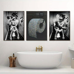3pcs Bathroom Canvas Painting Woman Toilet Paper Poster Modern Wall Art