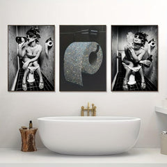 3pcs Bathroom Canvas Painting Woman Toilet Paper Poster Modern Wall Art