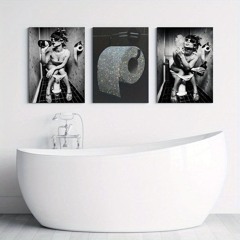 3pcs Bathroom Canvas Painting Woman Toilet Paper Poster Modern Wall Art
