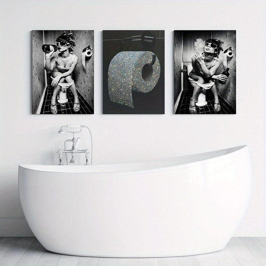 3pcs Bathroom Canvas Painting Woman Toilet Paper Poster Modern Wall Art