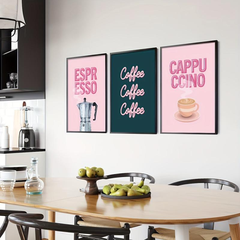 3pcs Vintage Kitchen Poster Coffee Shop Sign Retro Pink Canvas Print