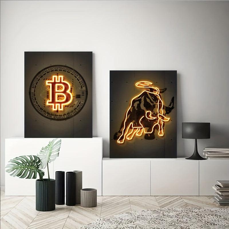 2pcs Neon Light Cow Canvas Poster Modern Art