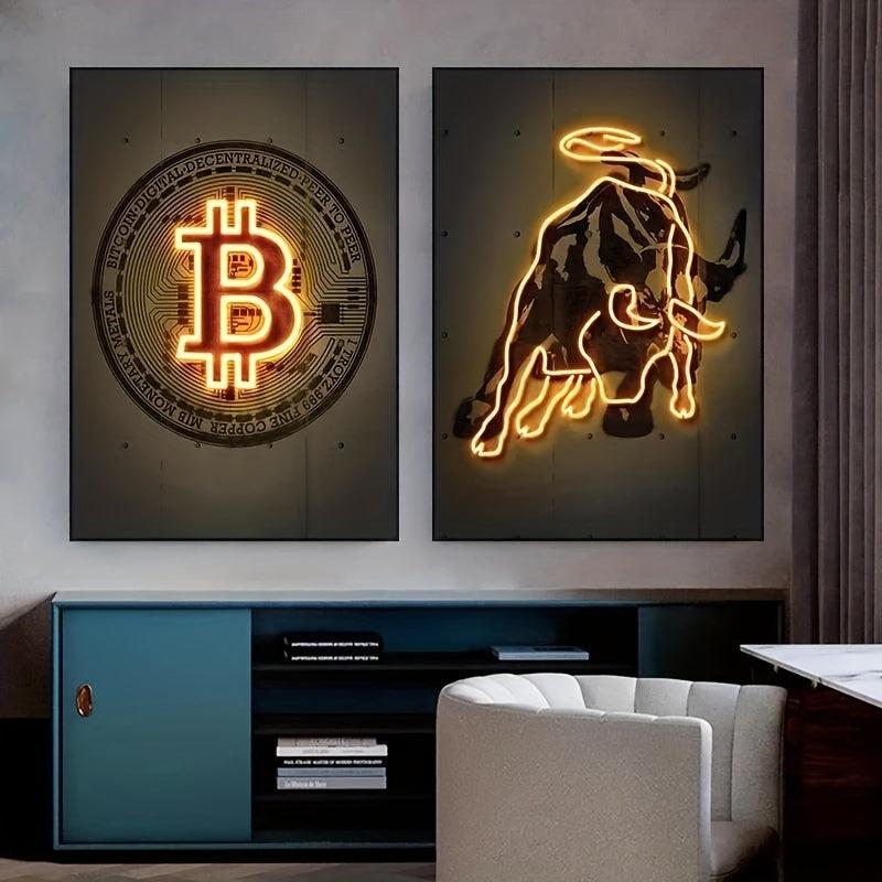 2pcs Neon Light Cow Canvas Poster Modern Art