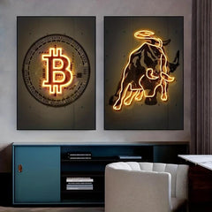 2pcs Neon Light Cow Canvas Poster Modern Art