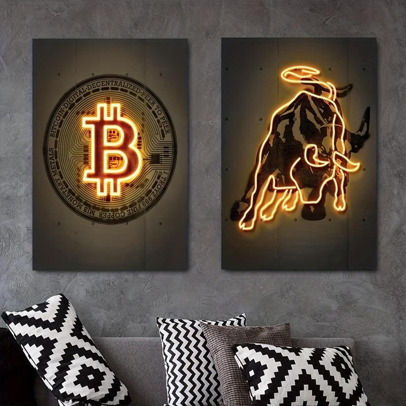 2pcs Neon Light Cow Canvas Poster Modern Art