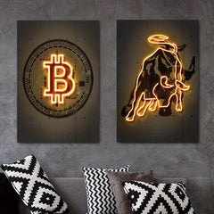 2pcs Neon Light Cow Canvas Poster Modern Art