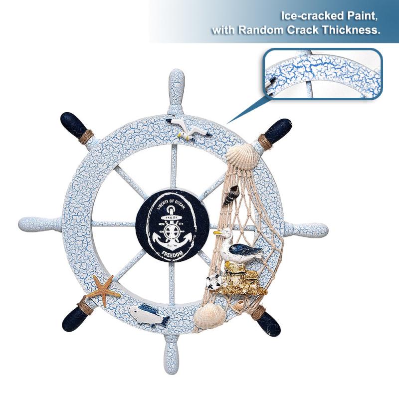 Nautical Beach Wall Decor Wooden Boat Steering Wheel Fishing Net Shell Door Pend