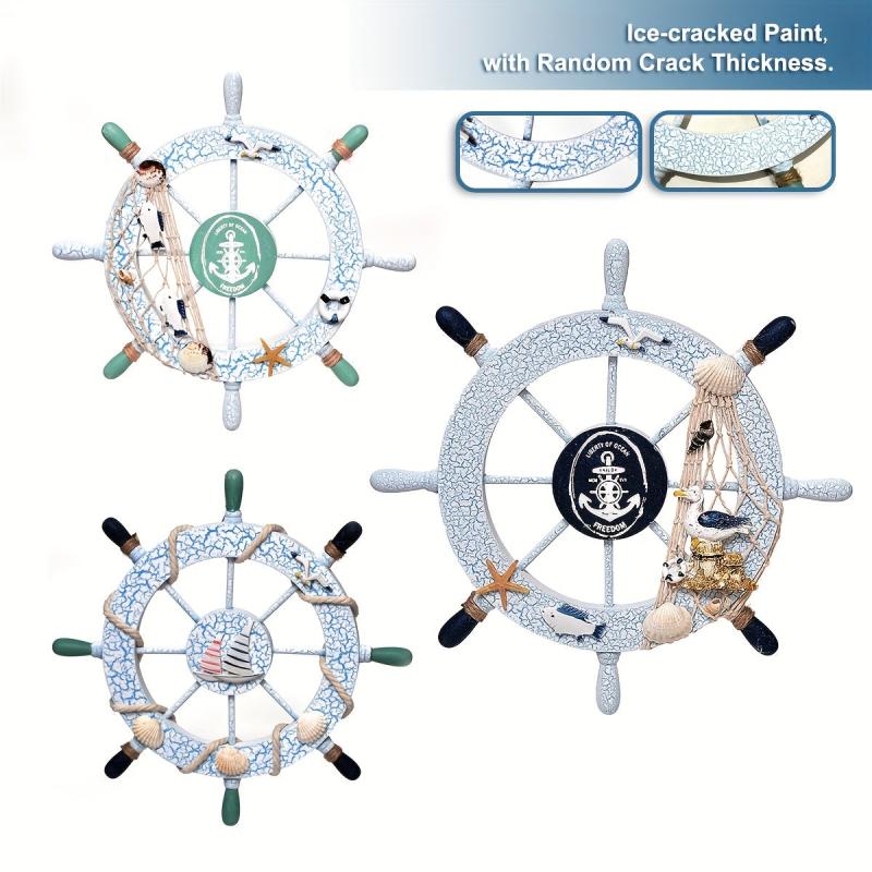 Nautical Beach Wall Decor Wooden Boat Steering Wheel Fishing Net Shell Door Pend