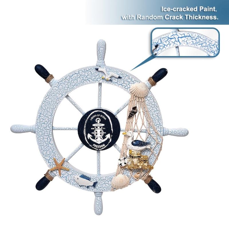 Nautical Beach Wall Decor Wooden Boat Steering Wheel Fishing Net Shell Door Pend