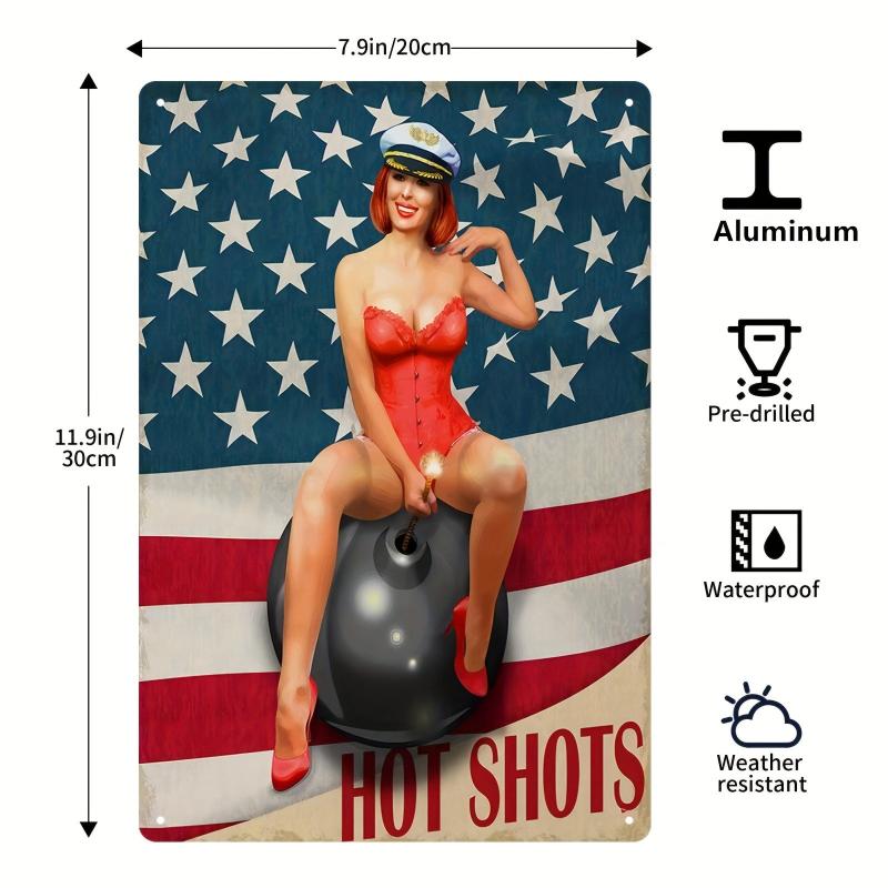 Metal Sign Girl Posing Airplane Sitting On Shark Bomb American Flag