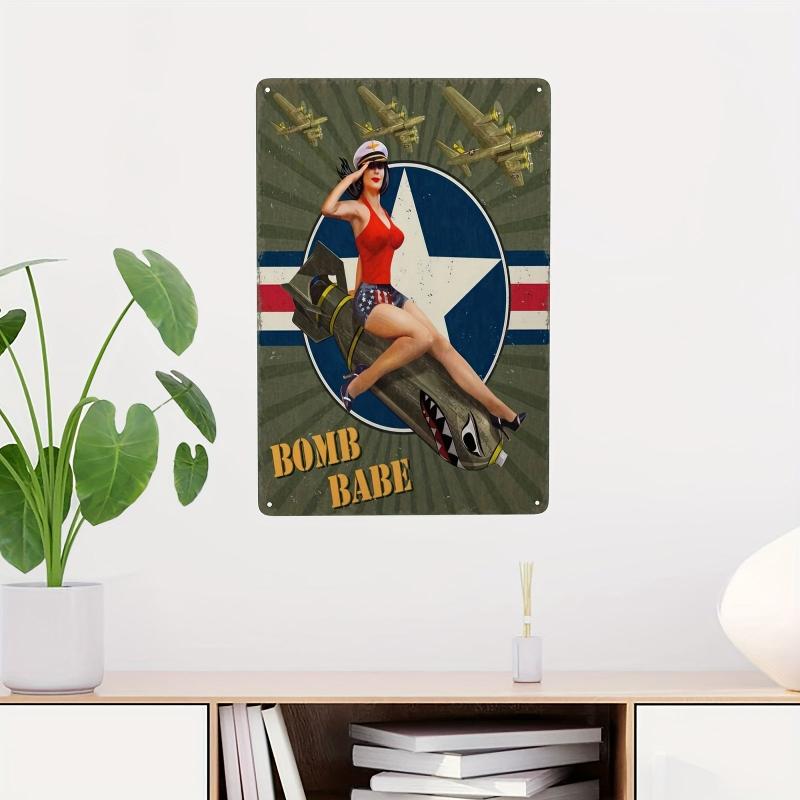 Metal Sign Girl Posing Airplane Sitting On Shark Bomb American Flag