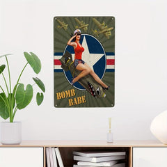 Metal Sign Girl Posing Airplane Sitting On Shark Bomb American Flag