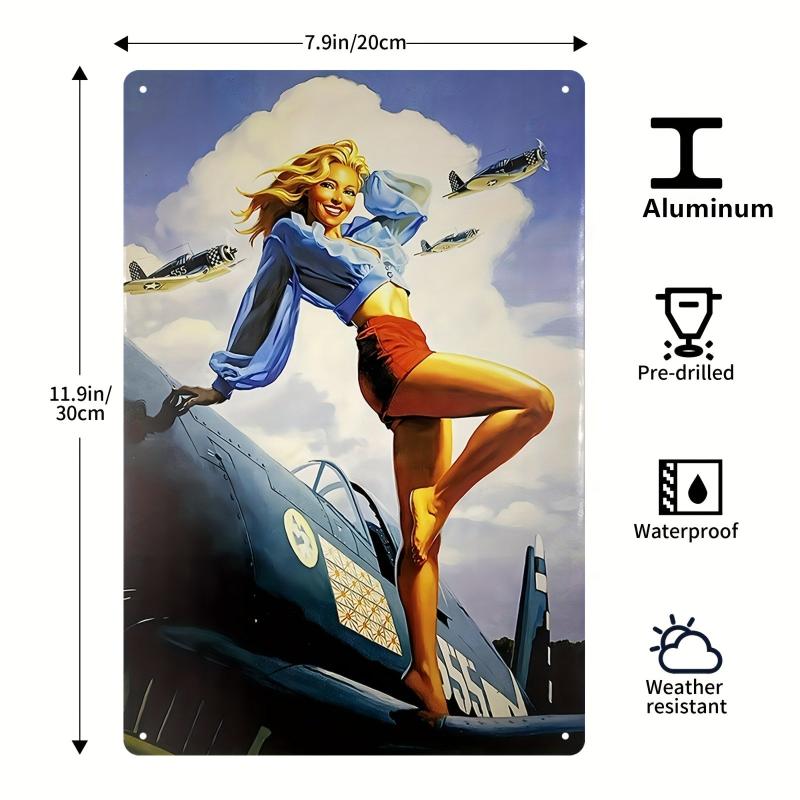 Metal Sign Girl Posing Airplane Sitting On Shark Bomb American Flag