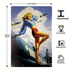 Metal Sign Girl Posing Airplane Sitting On Shark Bomb American Flag