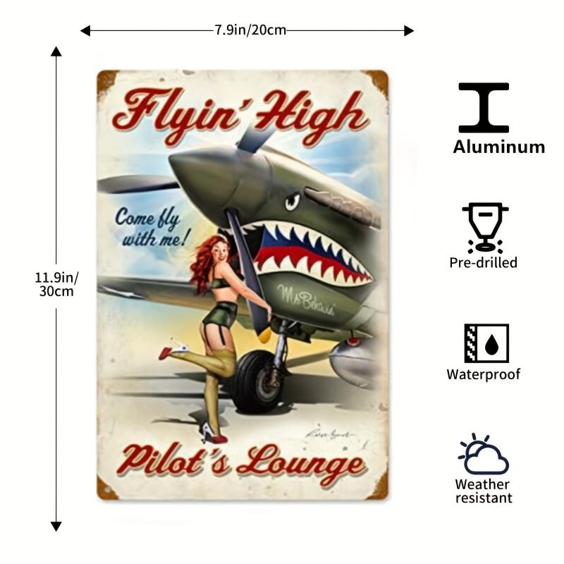Metal Sign Girl Posing Airplane Sitting On Shark Bomb American Flag